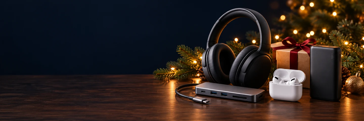 Headphones, a USB-C hub, wireless earbuds and a power bank by a wrapped gift and a lit Christmas tree (AI-generated image)